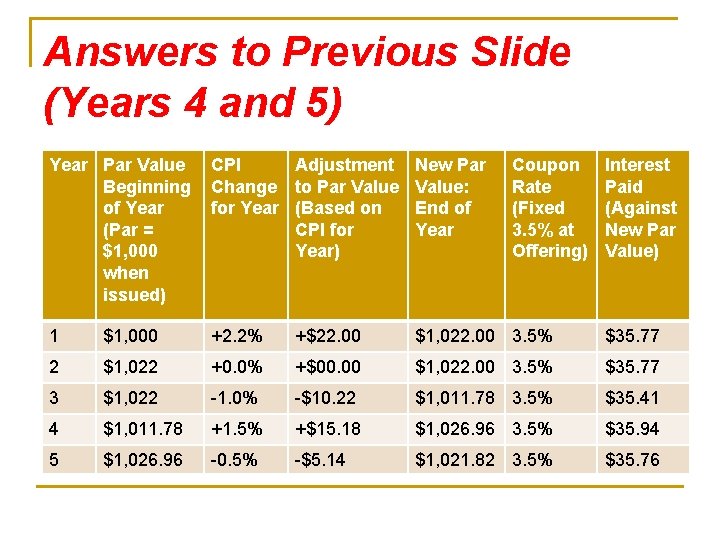 Answers to Previous Slide (Years 4 and 5) Year Par Value Beginning of Year