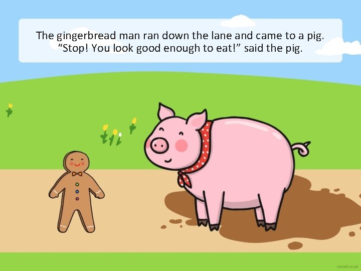 The gingerbread man ran down the lane and came to a pig. “Stop! You