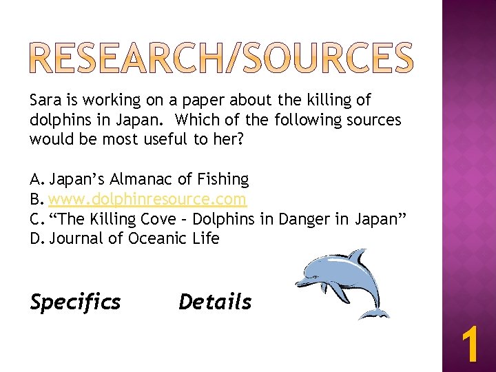 Sara is working on a paper about the killing of dolphins in Japan. Which