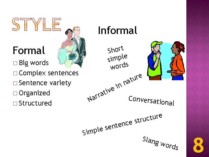 Informal Short e simpl words Formal � Big words � Complex sentences � Sentence