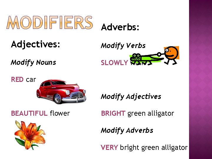 Adverbs: Adjectives: Modify Verbs Modify Nouns SLOWLY walk RED car Modify Adjectives BEAUTIFUL flower