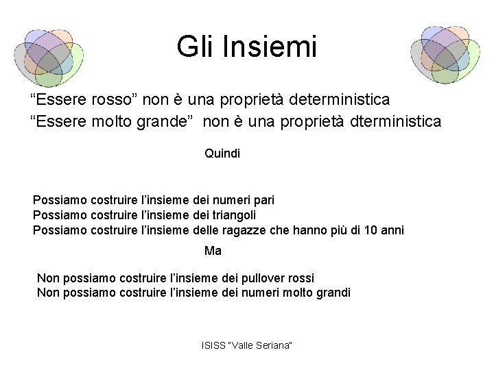 Gli Insiemi “Essere rosso” non è una proprietà deterministica “Essere molto grande” non è