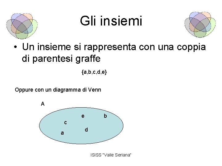 Gli insiemi • Un insieme si rappresenta con una coppia di parentesi graffe {a,