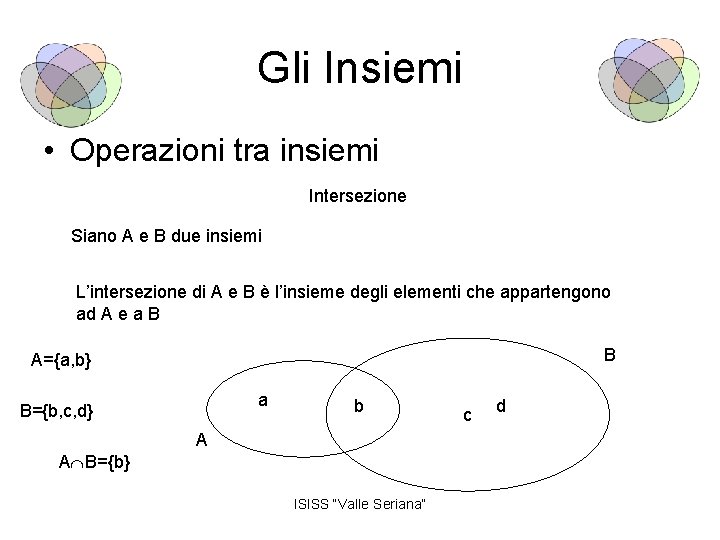 Gli Insiemi • Operazioni tra insiemi Intersezione Siano A e B due insiemi L’intersezione