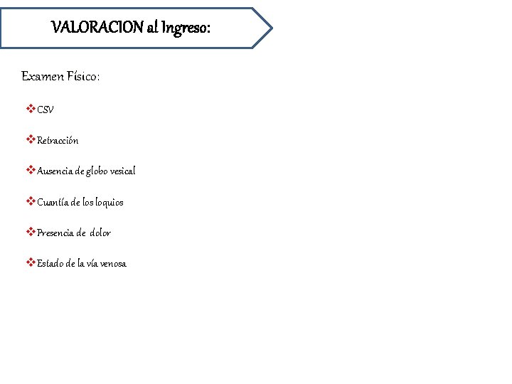 VALORACION al Ingreso: Examen Físico: v. CSV v. Retracción v. Ausencia de globo vesical