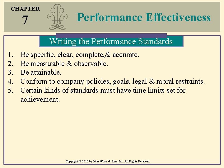 CHAPTER 7 Performance Effectiveness Writing the Performance Standards 1. 2. 3. 4. 5. Be CHAPTER 7 Performance Effectiveness Writing the Performance Standards 1. 2. 3. 4. 5. Be