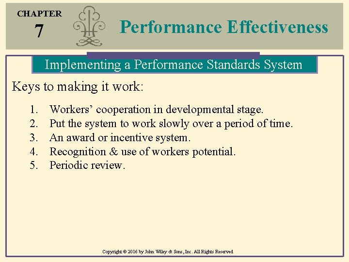 CHAPTER 7 Performance Effectiveness Implementing a Performance Standards System Keys to making it work: CHAPTER 7 Performance Effectiveness Implementing a Performance Standards System Keys to making it work: