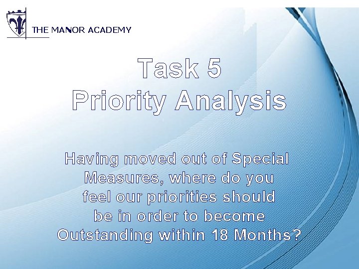 THE MANOR ACADEMY Task 5 Priority Analysis Having moved out of Special Measures, where