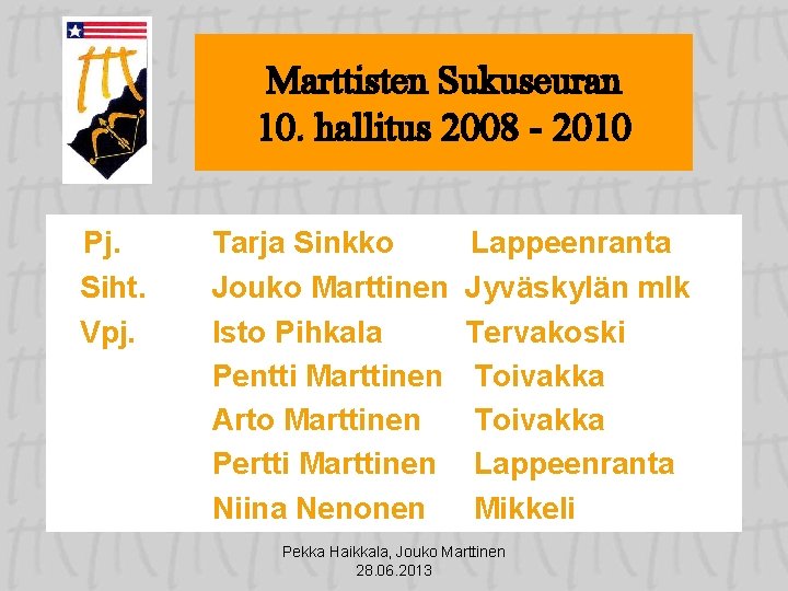 Marttisten Sukuseuran 10. hallitus 2008 - 2010 Pj. Siht. Vpj. Tarja Sinkko Jouko Marttinen