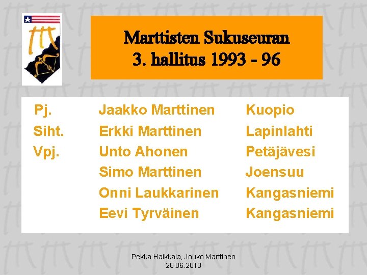 Marttisten Sukuseuran 3. hallitus 1993 - 96 Pj. Siht. Vpj. Jaakko Marttinen Erkki Marttinen