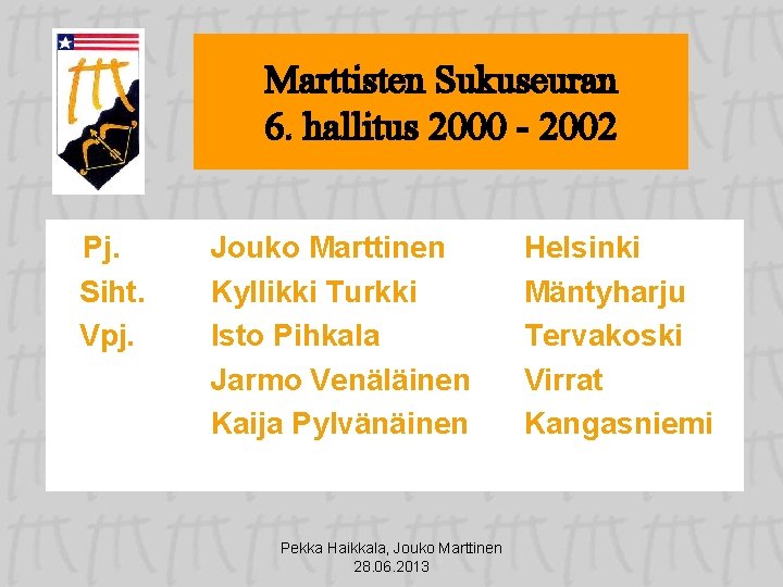 Marttisten Sukuseuran 6. hallitus 2000 - 2002 Pj. Siht. Vpj. Jouko Marttinen Kyllikki Turkki
