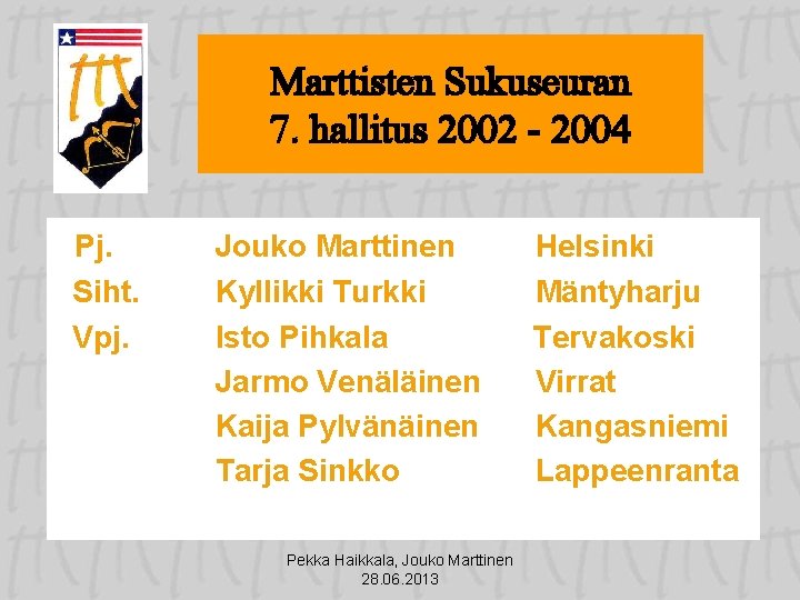 Marttisten Sukuseuran 7. hallitus 2002 - 2004 Pj. Siht. Vpj. Jouko Marttinen Kyllikki Turkki