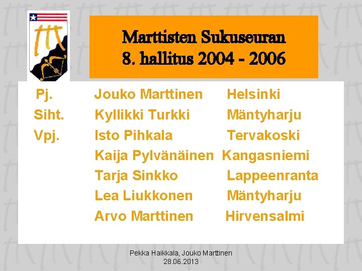 Marttisten Sukuseuran 8. hallitus 2004 - 2006 Pj. Siht. Vpj. Jouko Marttinen Kyllikki Turkki