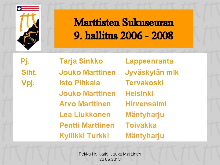 Marttisten Sukuseuran 9. hallitus 2006 - 2008 Pj. Tarja Sinkko Lappeenranta Siht. Vpj. Jouko