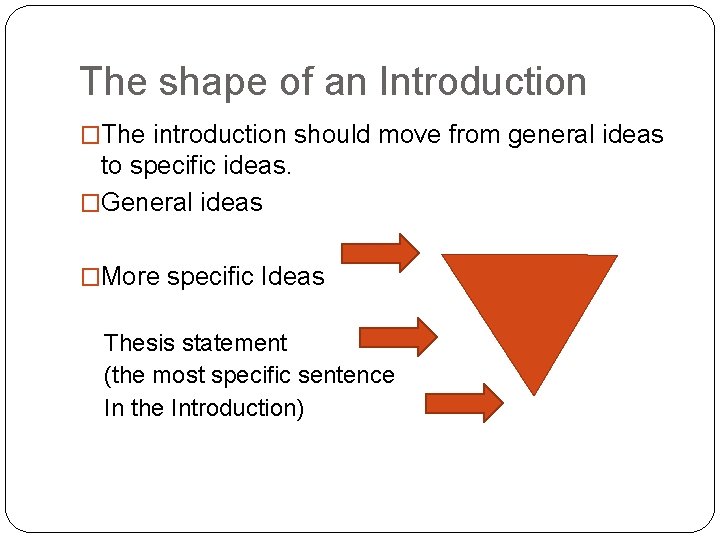 The shape of an Introduction �The introduction should move from general ideas to specific