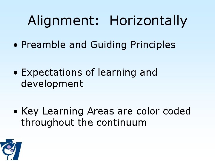 Alignment: Horizontally • Preamble and Guiding Principles • Expectations of learning and development •