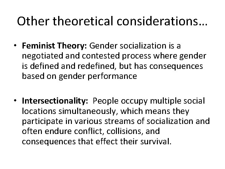 Other theoretical considerations… • Feminist Theory: Gender socialization is a negotiated and contested process