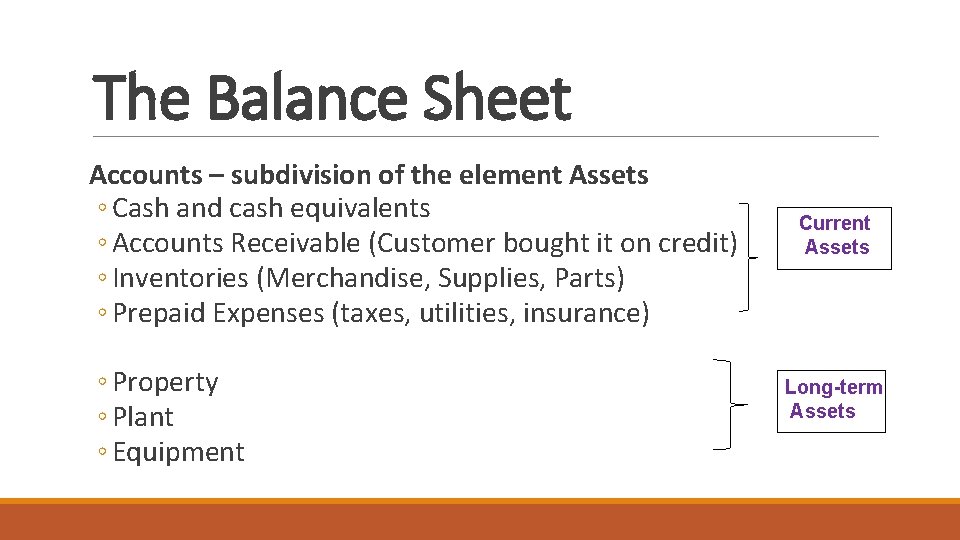 The Balance Sheet Accounts – subdivision of the element Assets ◦ Cash and cash