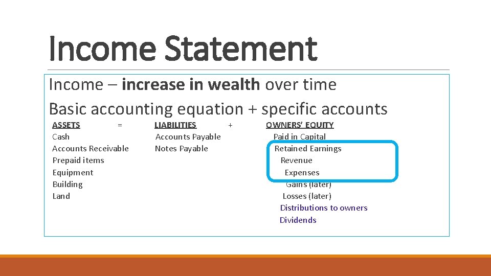 Income Statement Income – increase in wealth over time Basic accounting equation + specific