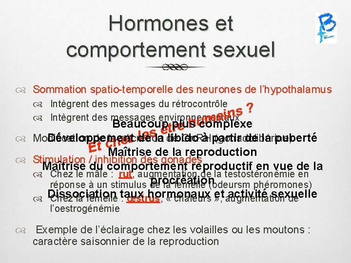 Hormones et comportement sexuel Sommation spatio-temporelle des neurones de l’hypothalamus Intègrent des messages du