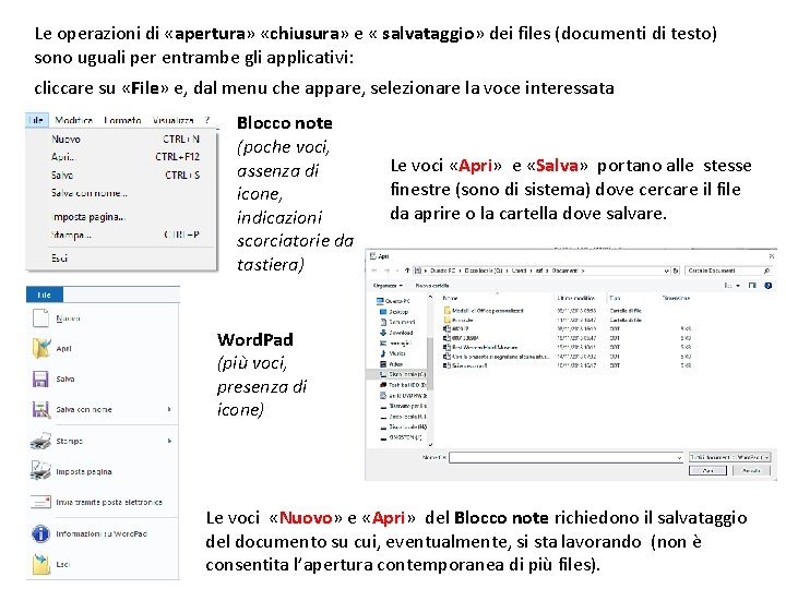 Le operazioni di «apertura» «chiusura» e « salvataggio» dei files (documenti di testo) sono