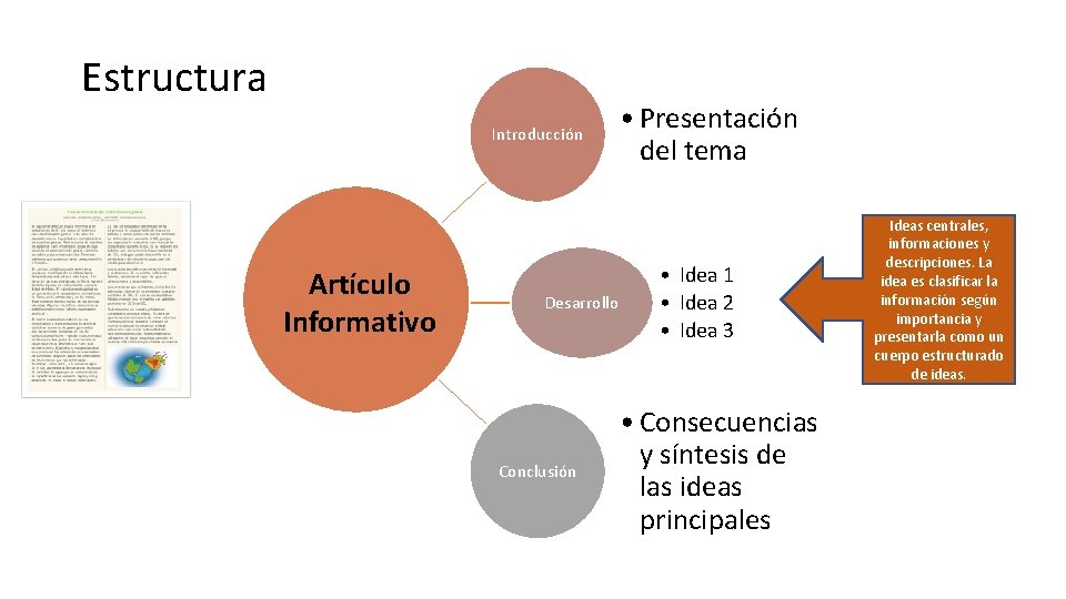 Estructura Introducción Artículo Informativo Desarrollo Conclusión • Presentación del tema • Idea 1 •