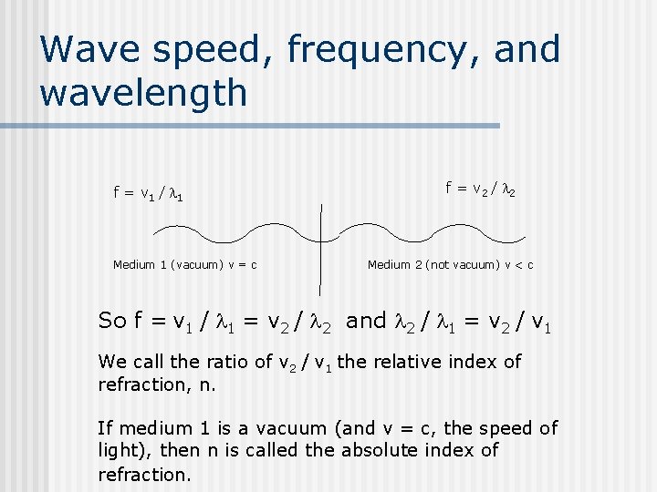 Wave speed, frequency, and wavelength f = v 1 / 1 Medium 1 (vacuum)