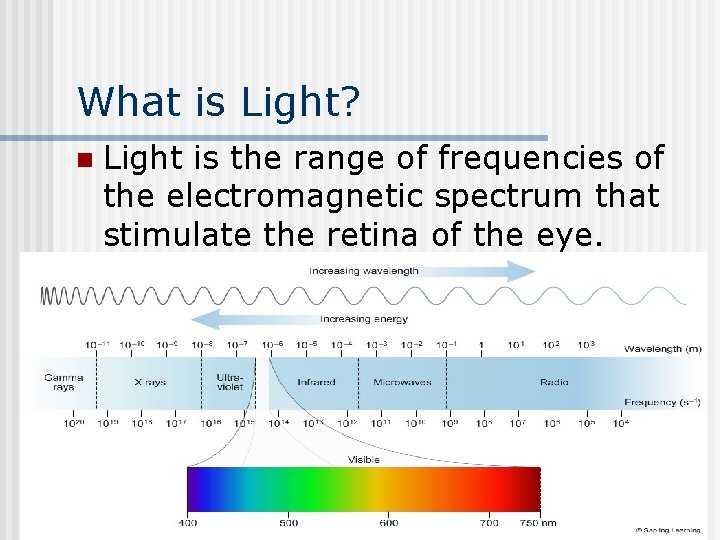 What is Light? n Light is the range of frequencies of the electromagnetic spectrum