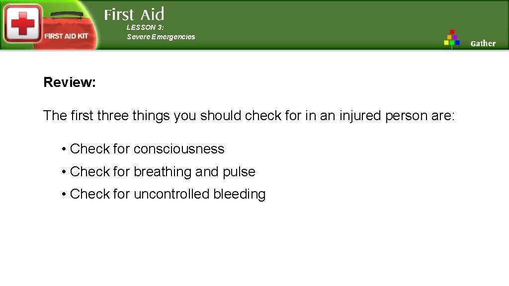 LESSON 3: Severe Emergencies Review: The first three things you should check for in