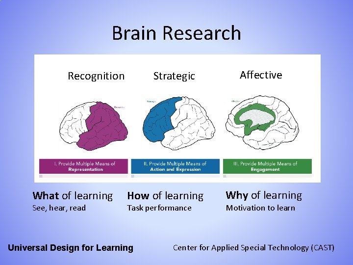 Brain Research Recognition What of learning See, hear, read Strategic How of learning Task