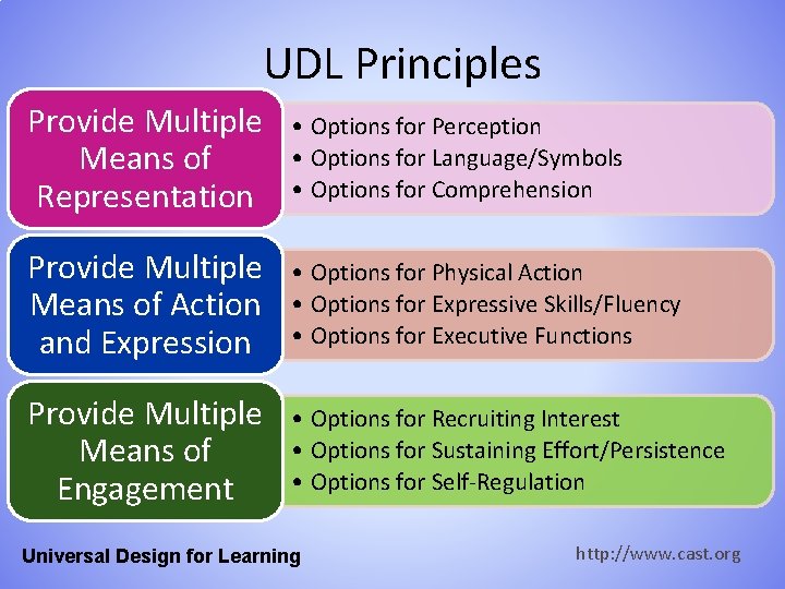 UDL Principles Provide Multiple Means of Representation • Options for Perception • Options for