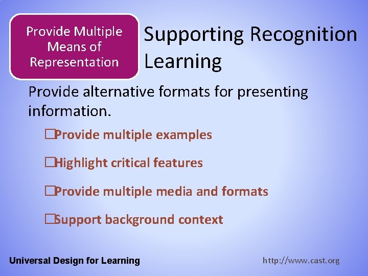 Provide Multiple Means of Representation Supporting Recognition Learning Provide alternative formats for presenting information.