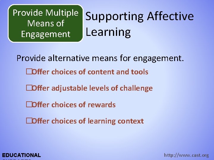 Provide Multiple Means of Engagement Supporting Affective Learning Provide alternative means for engagement. �Offer