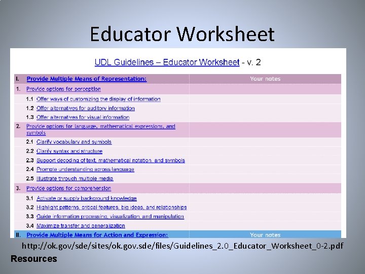 Educator Worksheet http: //ok. gov/sde/sites/ok. gov. sde/files/Guidelines_2. 0_Educator_Worksheet_0 -2. pdf Resources 