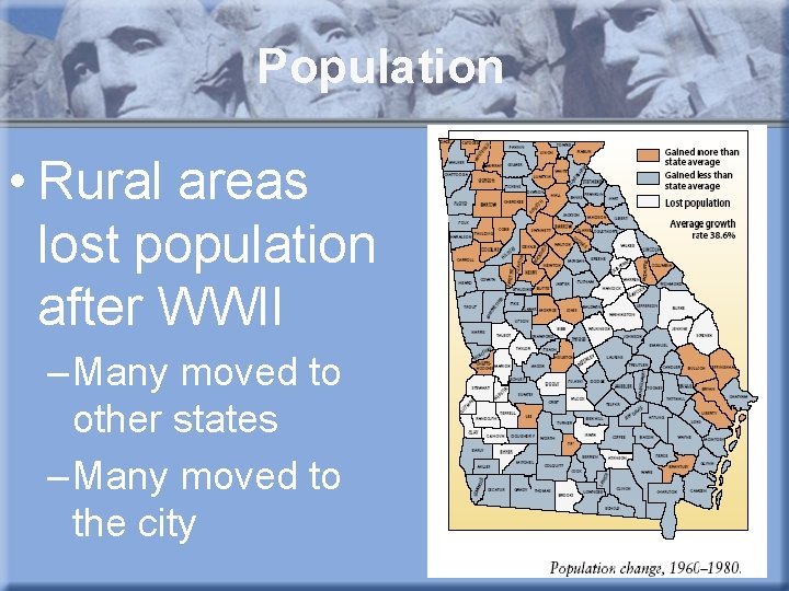 Population • Rural areas lost population after WWII – Many moved to other states
