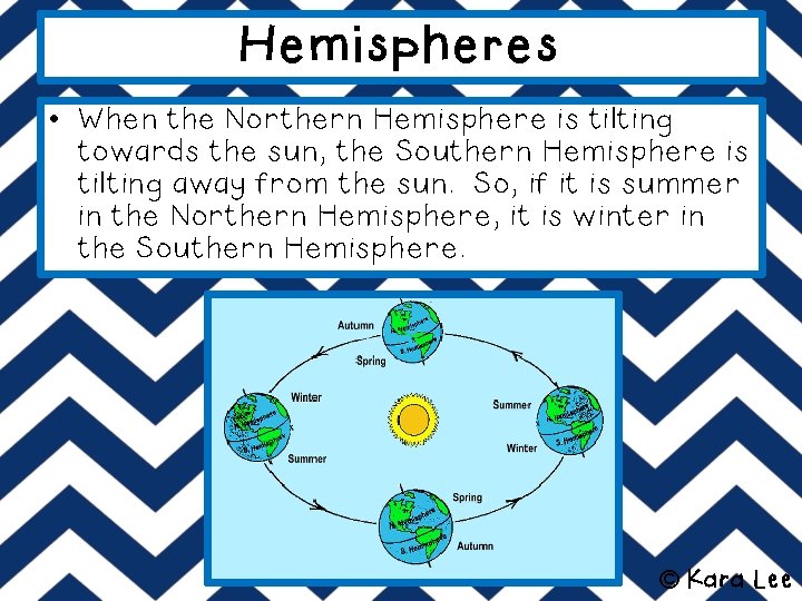 Hemispheres • When the Northern Hemisphere is tilting towards the sun, the Southern Hemisphere
