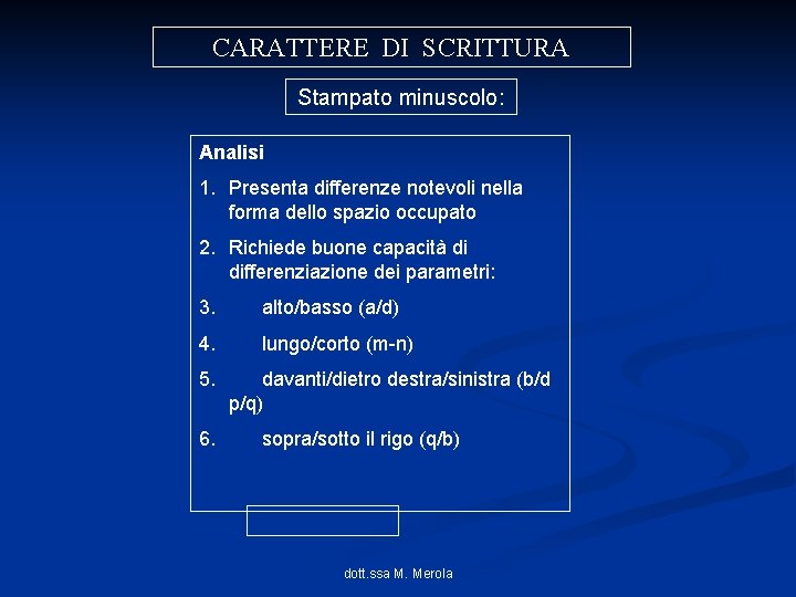 CARATTERE DI SCRITTURA Stampato minuscolo: Analisi 1. Presenta differenze notevoli nella forma dello spazio