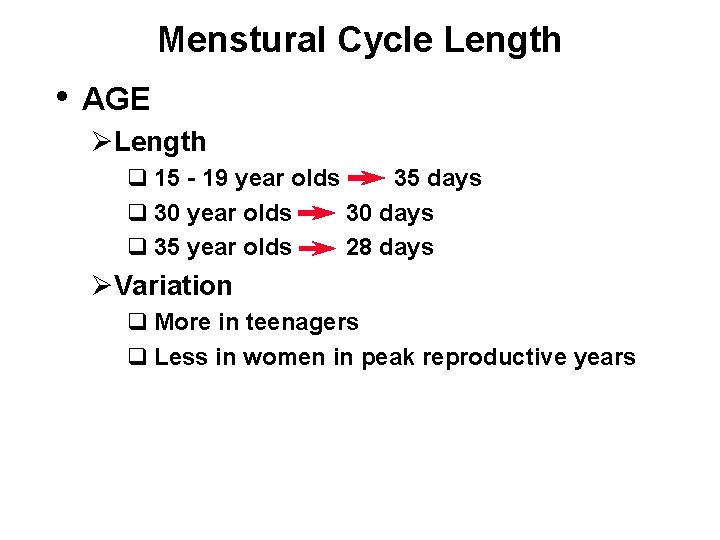 Menstural Cycle Length • AGE ØLength q 15 - 19 year olds 35 days
