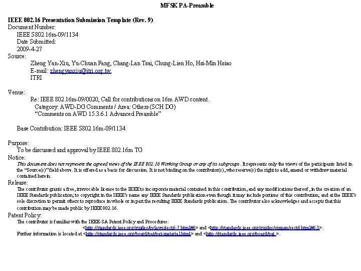 MFSK PAPreamble IEEE 802 16 Presentation Submission Template