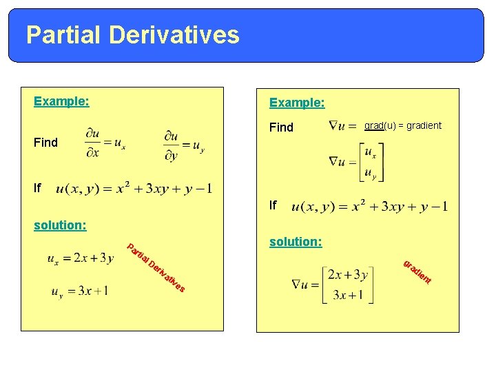 Partial Derivatives Example: Find grad(u) = gradient Find If If solution: Pa solution: rti