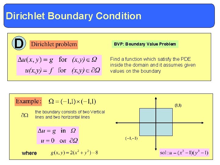 Dirichlet Boundary Condition Definitions and Terminology D BVP: Boundary Value Problem Find a function