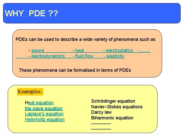 WHY PDE ? ? Definitions and Terminology PDEs can be used to describe a