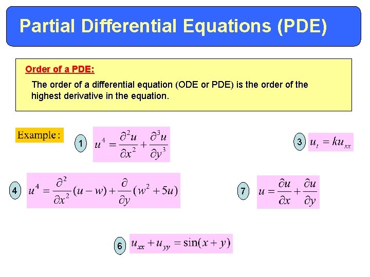 Partial Differential Equations (PDE) Order of a PDE: The order of a differential equation