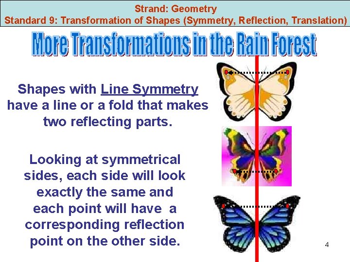 Strand: Geometry Standard 9: Transformation of Shapes (Symmetry, Reflection, Translation) Shapes with Line Symmetry