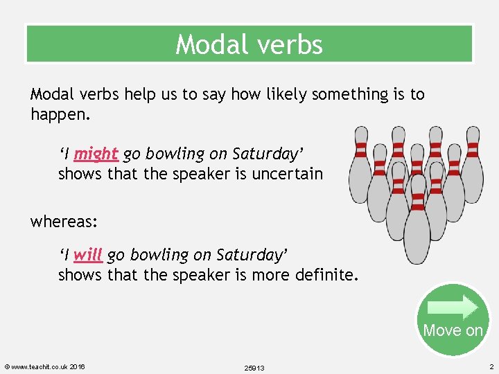 Modal verbs help us to say how likely something is to happen. ‘I might