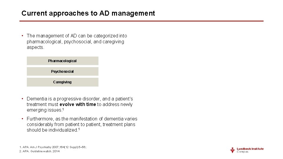 Current approaches to AD management • The management of AD can be categorized into