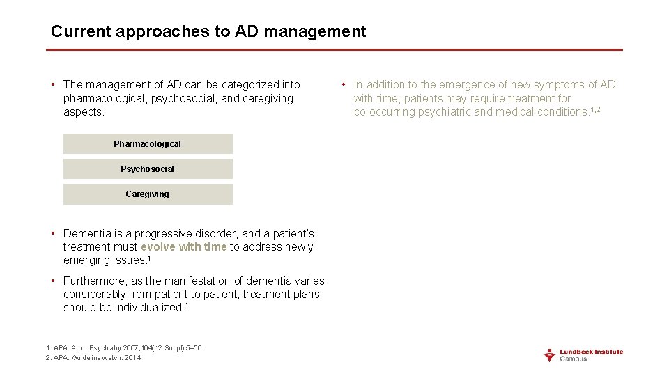 Current approaches to AD management • The management of AD can be categorized into