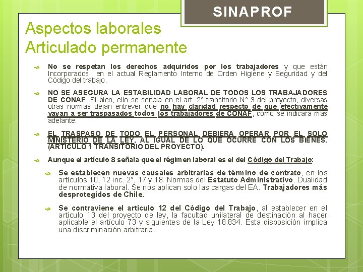 Aspectos laborales Articulado permanente SINAPROF No se respetan los derechos adquiridos por los trabajadores