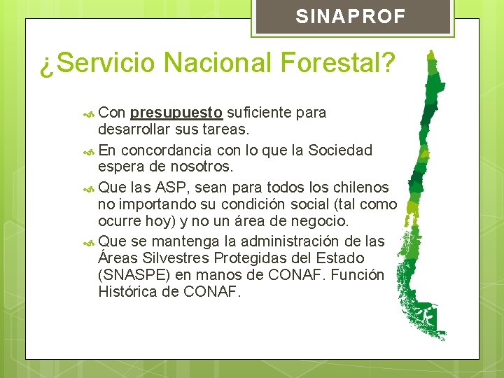 SINAPROF ¿Servicio Nacional Forestal? Con presupuesto suficiente para desarrollar sus tareas. En concordancia con