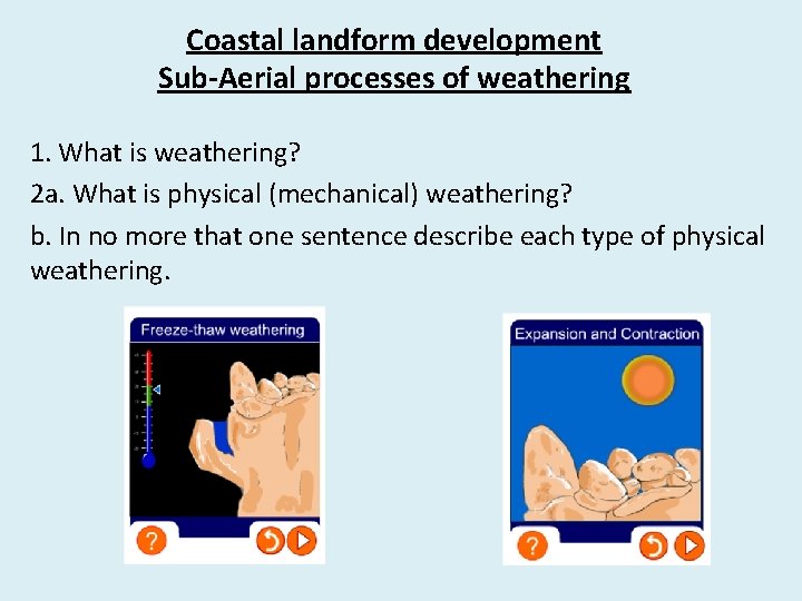 Coastal landform development Sub-Aerial processes of weathering 1. What is weathering? 2 a. What